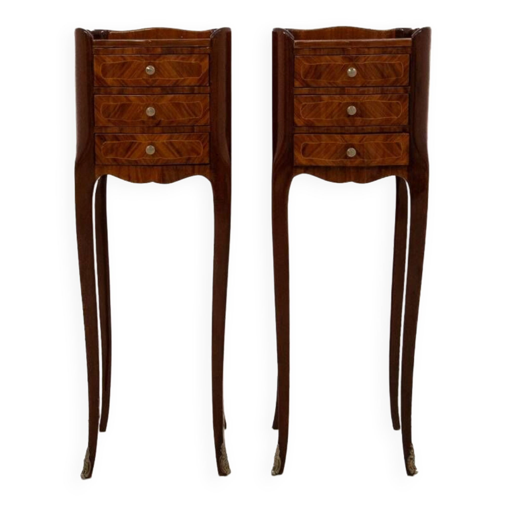 Inlaid bedside tables, Louis XV style, France.