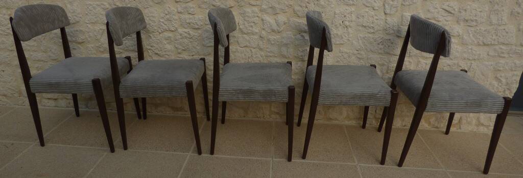 5 chaises de style scandinave en bois massif et velours gris, années 60