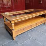 Coffee table with 2 drawers in solid cherry wood and glass.