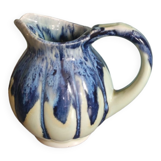 Blue and green glazed ceramic ribbed pitcher