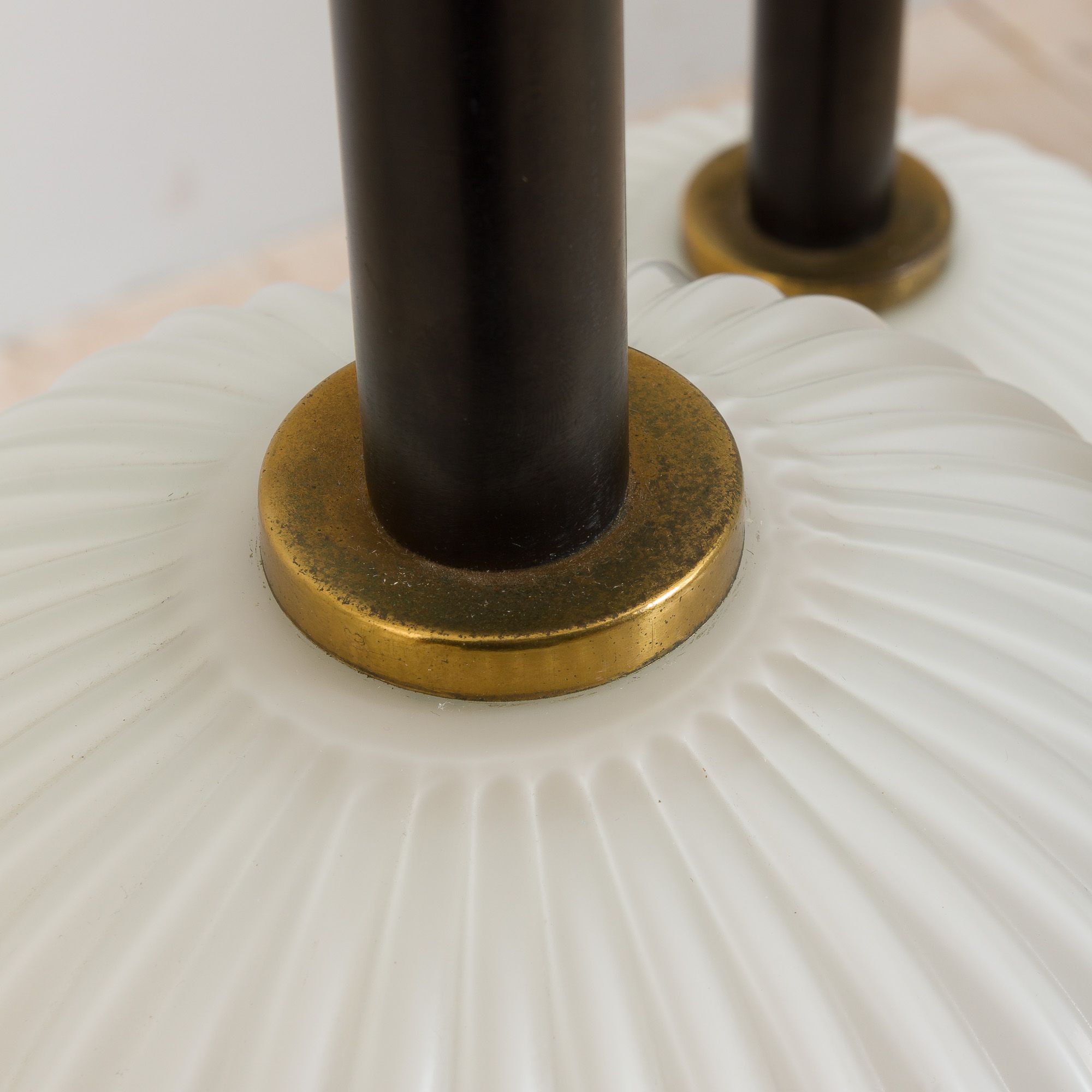 Ribbed glass and teak pendant lamp, 60s.