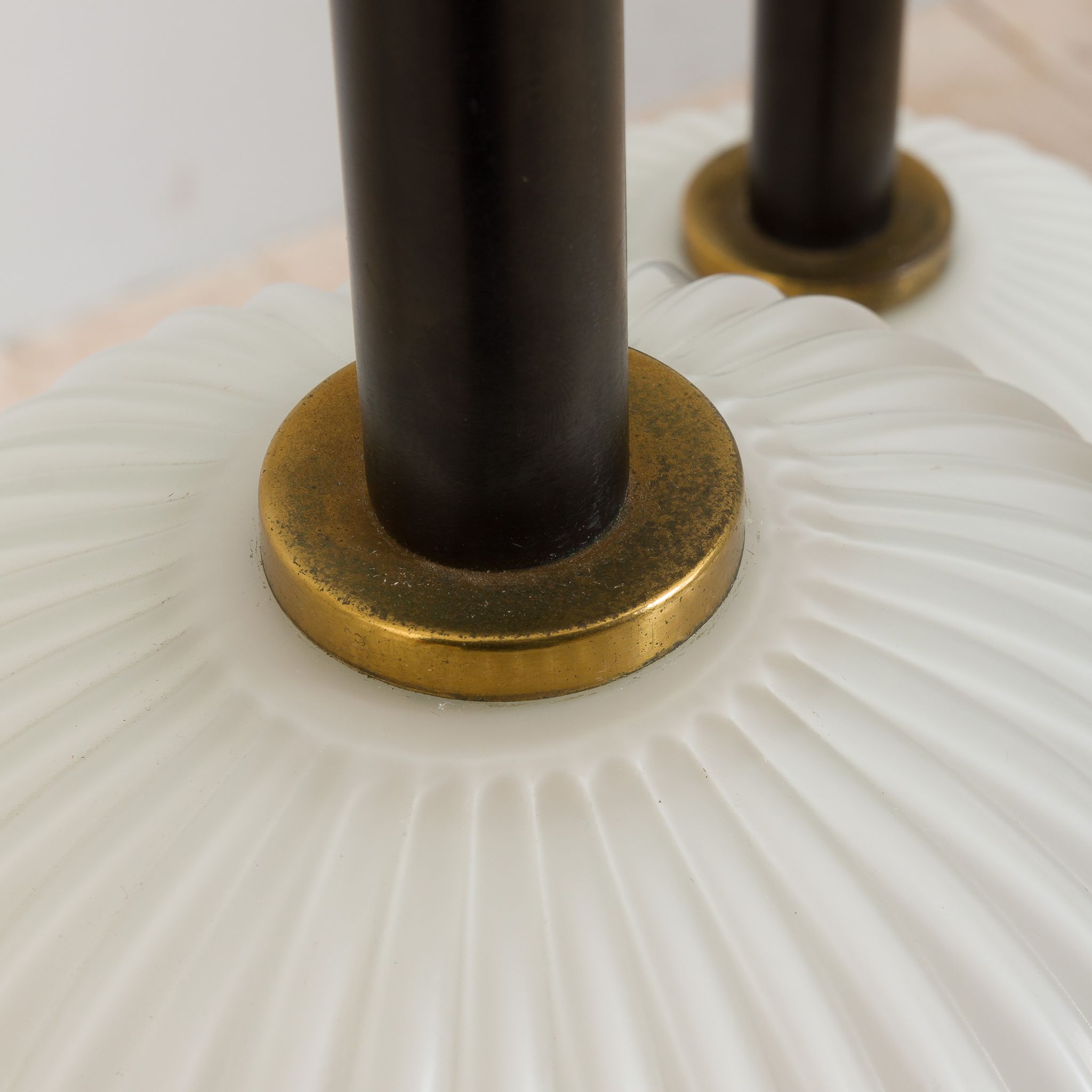 Ribbed glass and teak pendant lamp, 60s.