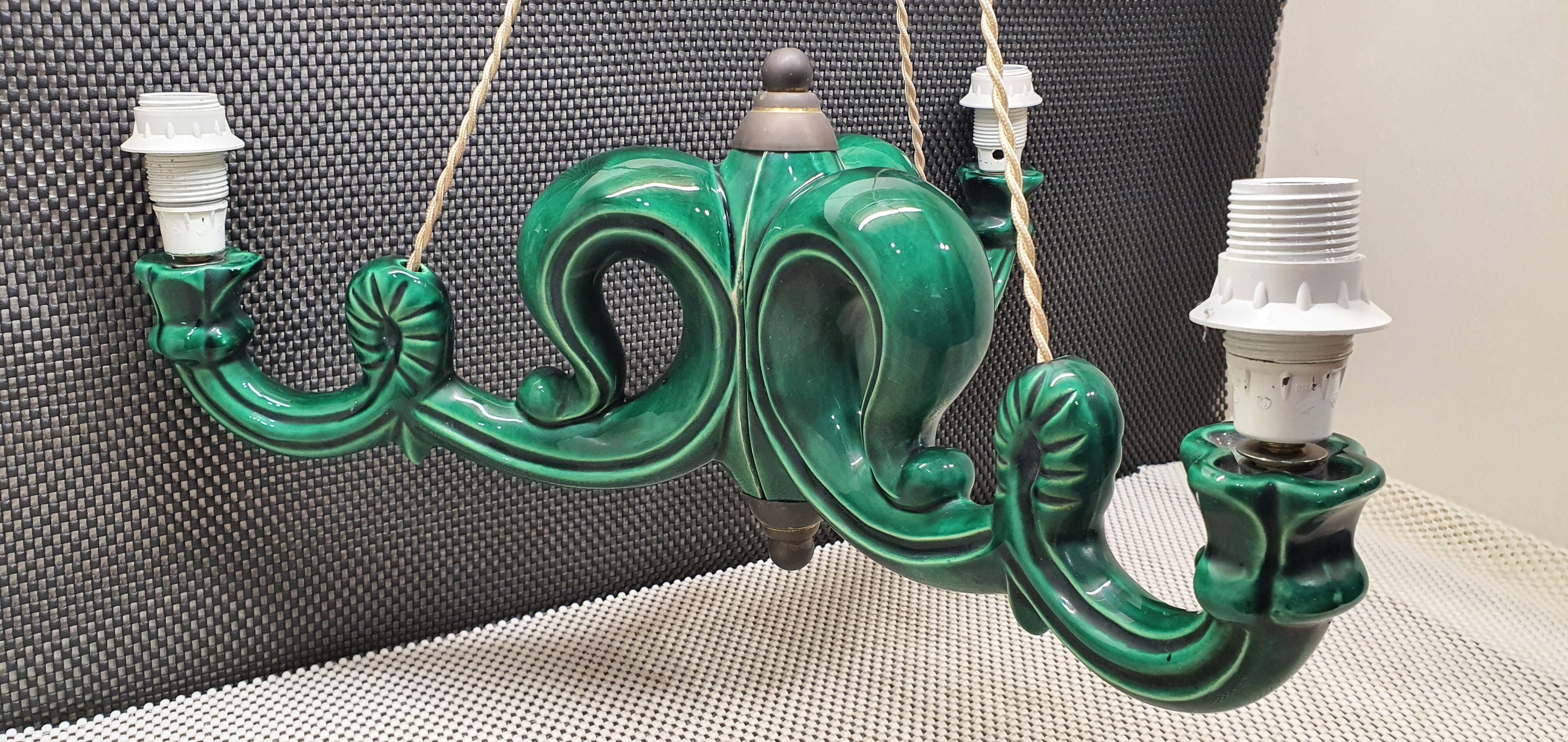 Chandelier 3 arms ceramic green art deco