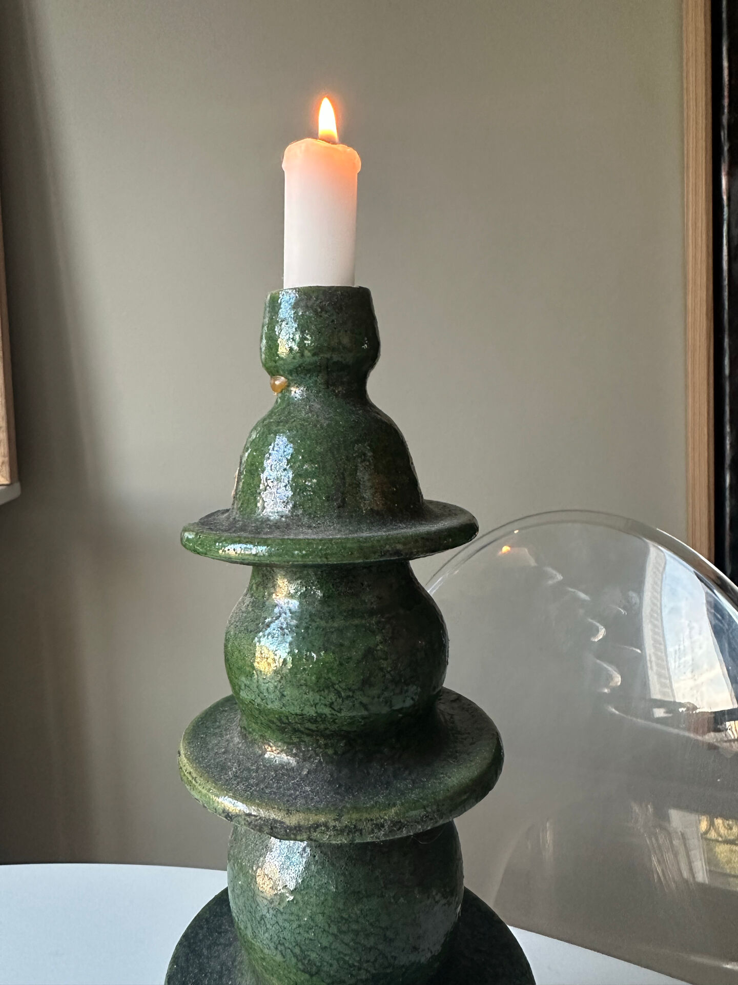 Large sculptural Moroccan candlestick in green Tamegroute ceramic.