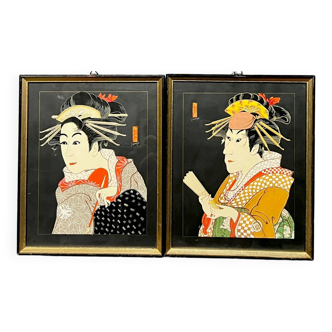 Paire de gouaches "Acteurs du Théâtre Kabuki".