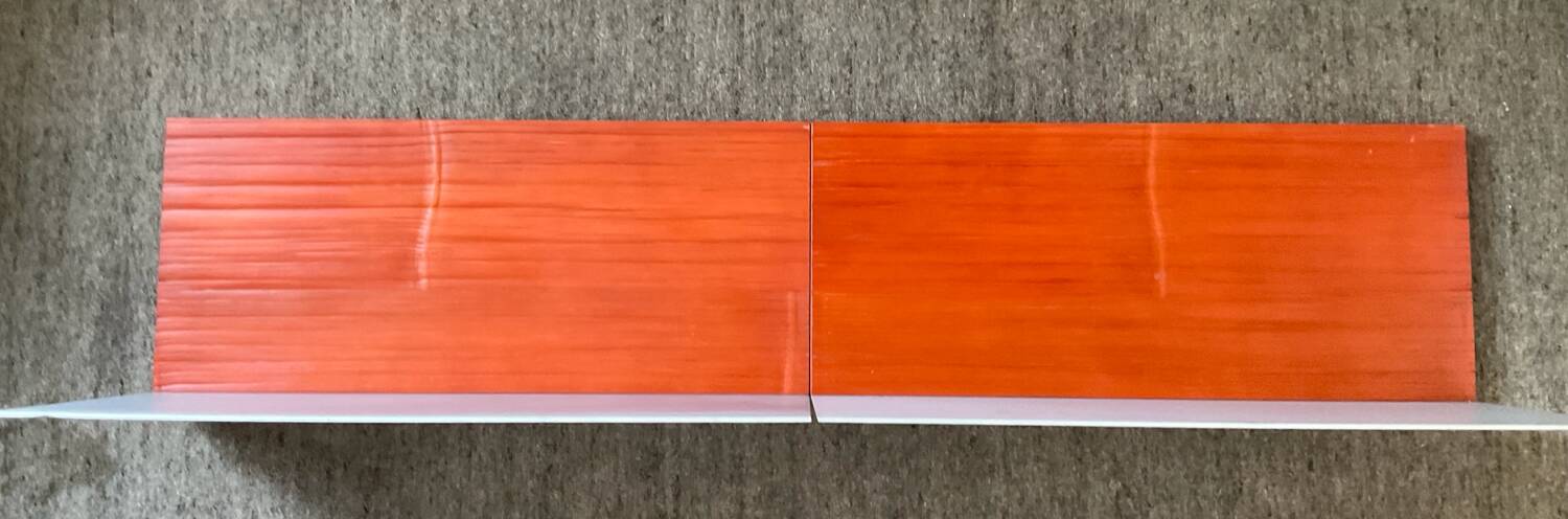 Pair of contemporary wall shelves in steel and stained wood