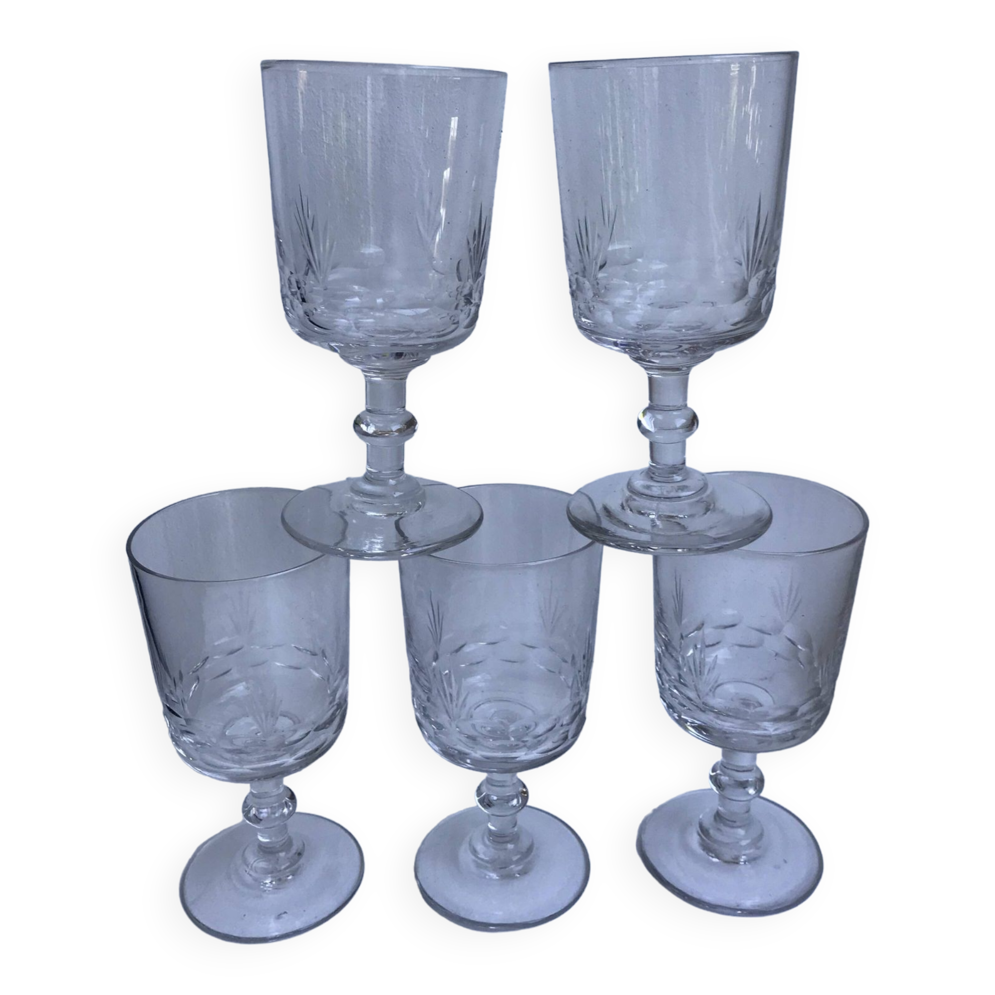 Set of 5 small crystal wine glasses engraved 50-60s