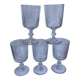 Set of 5 small crystal wine glasses engraved 50-60s