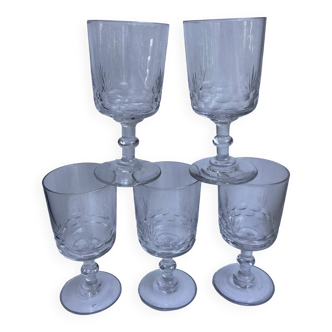Set of 5 small crystal wine glasses engraved 50-60s