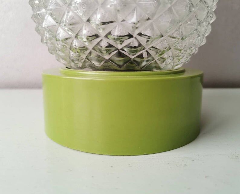 Vintage glass ceiling light with green plastic ring, 1980s
