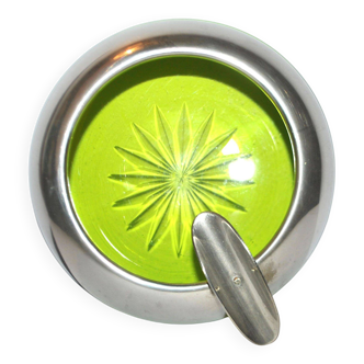 Cendrier cigare vintage en verre vert taillé et cerclage en étain