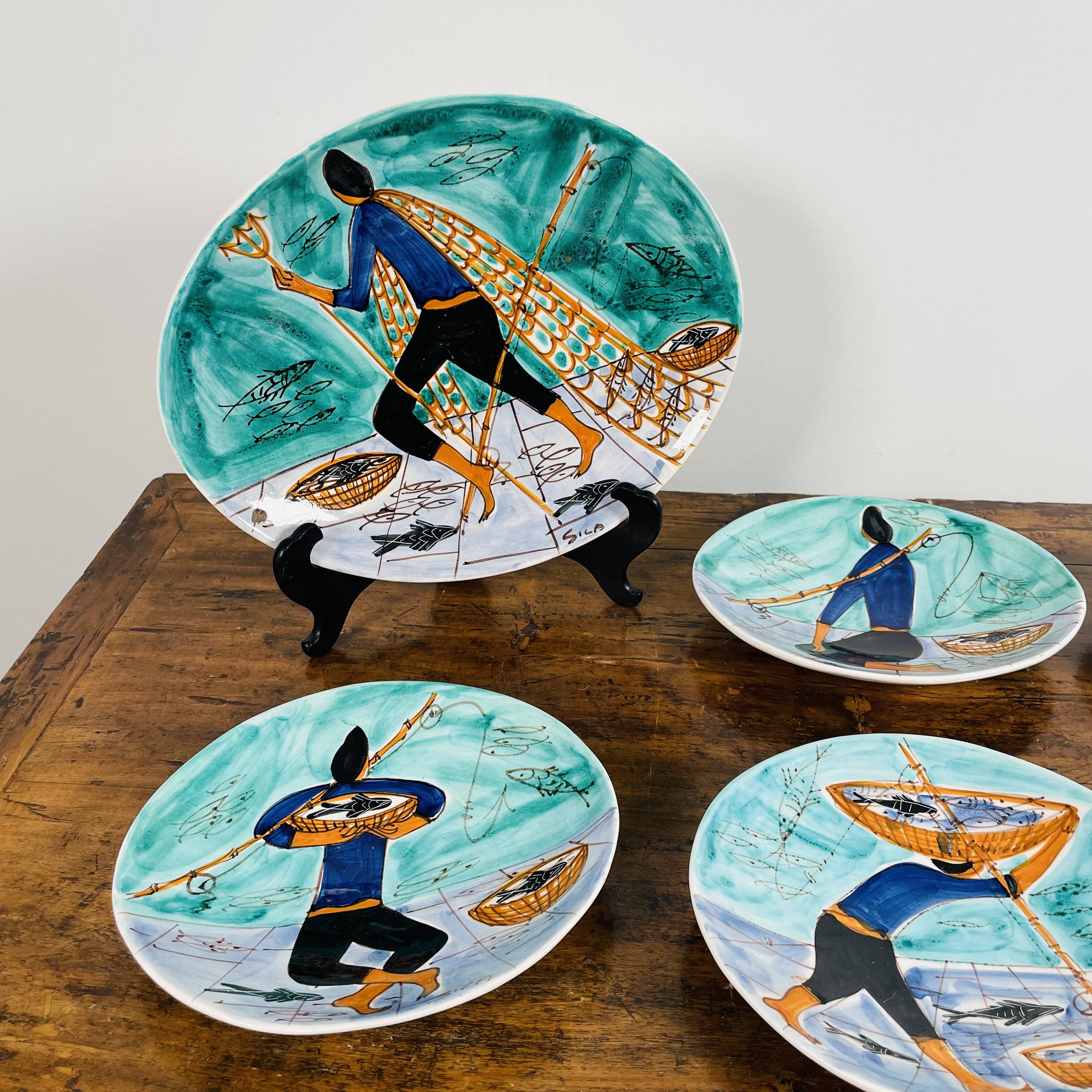 Magnificent set of 5 plates and 1 dish by Cesare Sartori for Sica.