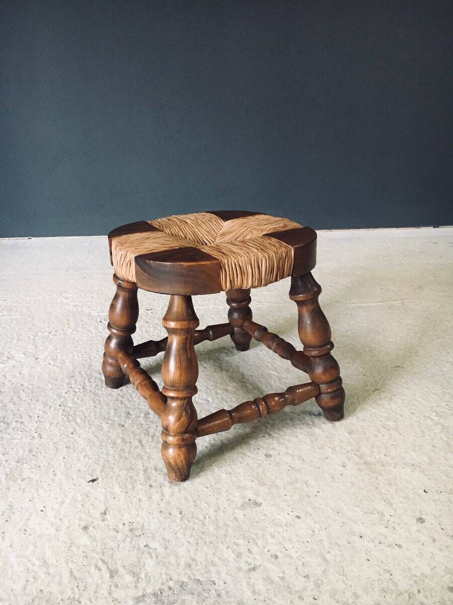 Rustic Low Oak and Rush Stools in the style of Charles Dudouyt, France, 1940s, Set of 2