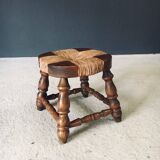 Rustic Low Oak and Rush Stools in the style of Charles Dudouyt, France, 1940s, Set of 2
