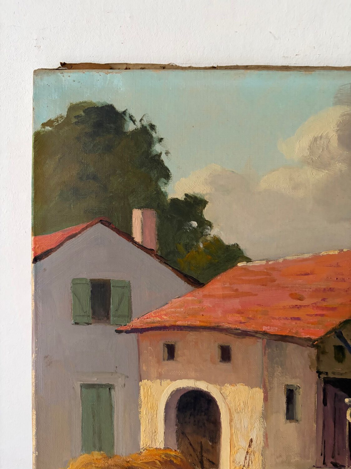 Country house with chickens, oil on canvas signed Perrot.