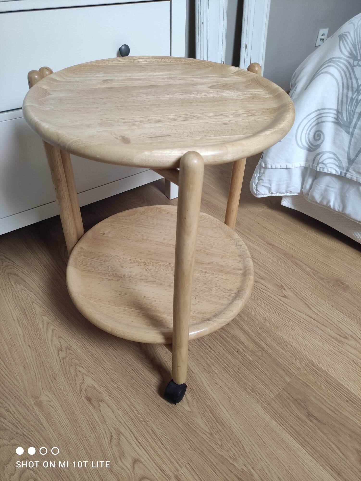 Vintage round service with foldable honey wooden wheels with 2 retractable trays (1 turn)