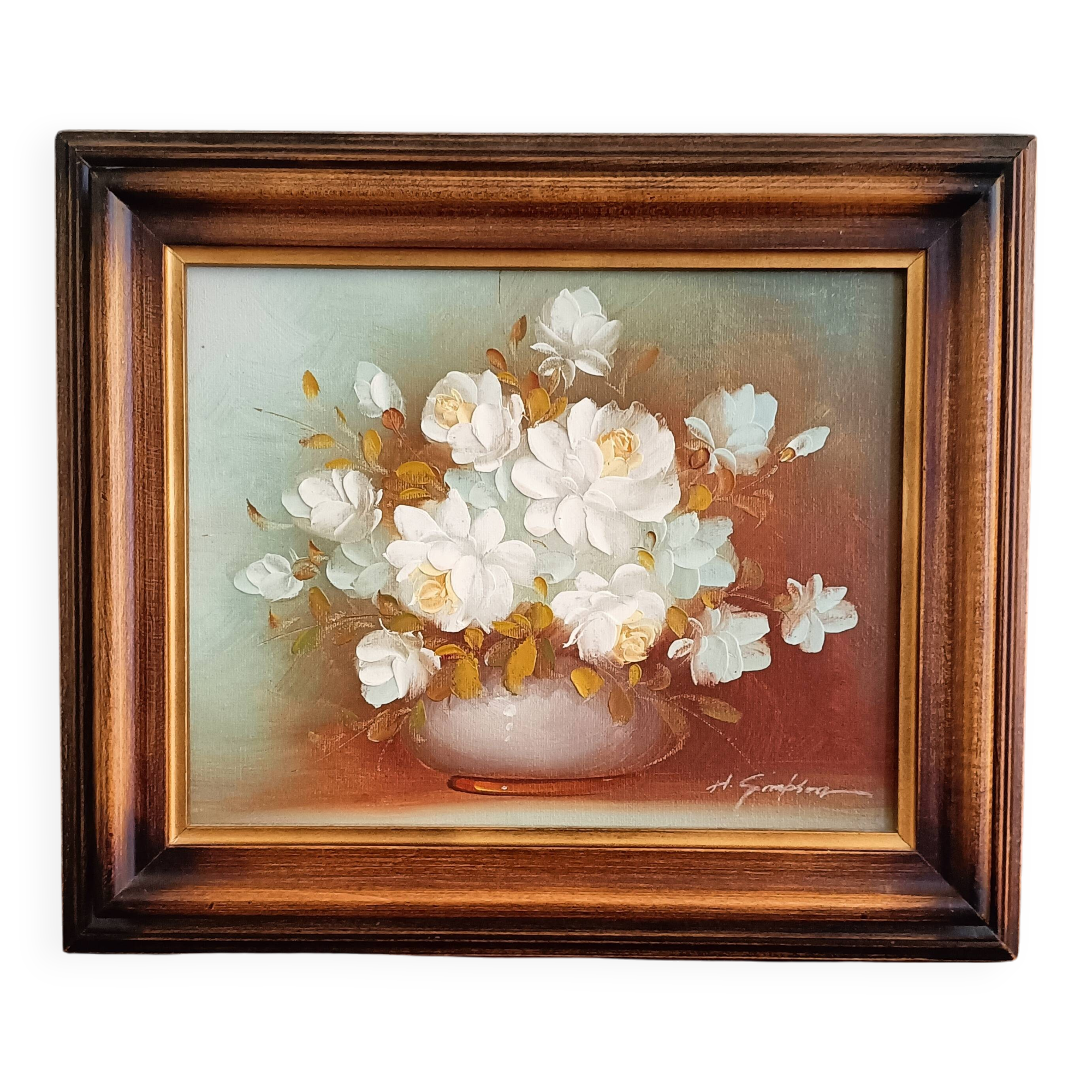 Still life painting with flowers, artist's signature