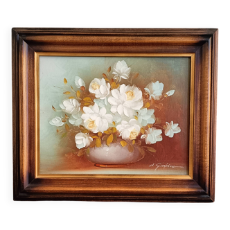 Still life painting with flowers, artist's signature
