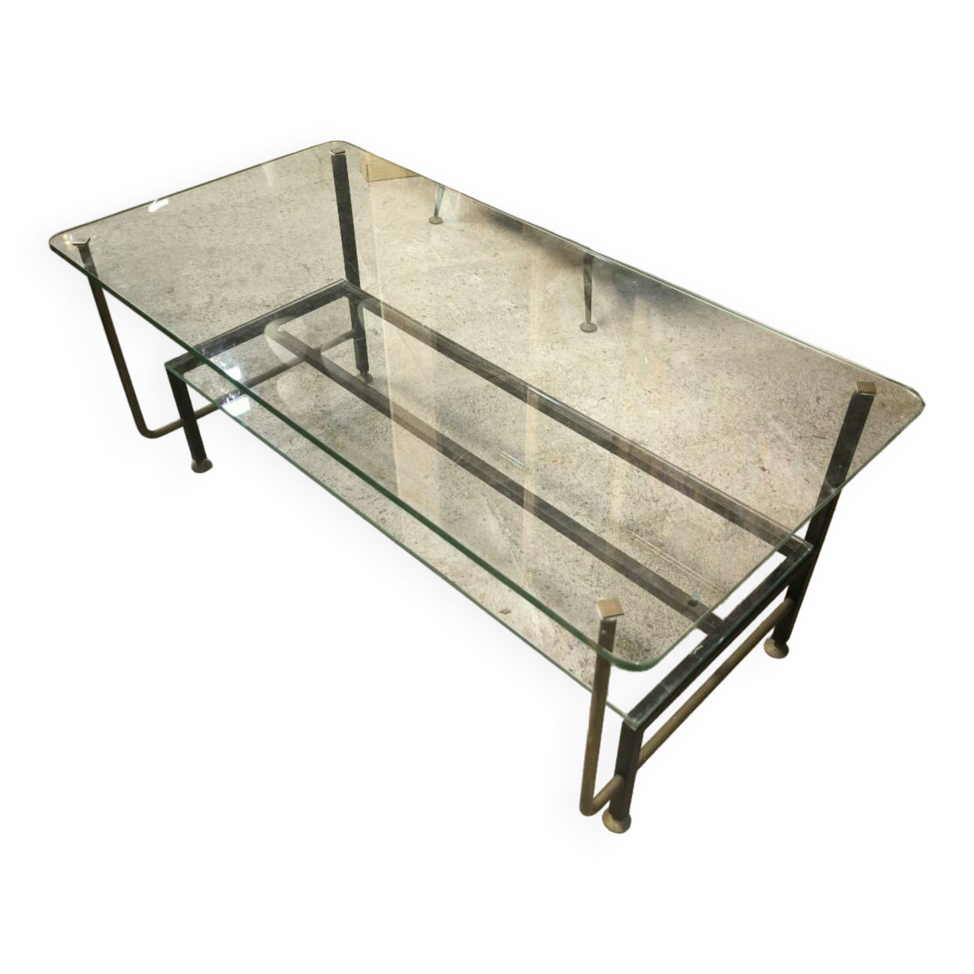 Double-tier coffee table in steel and bronze as well as glass