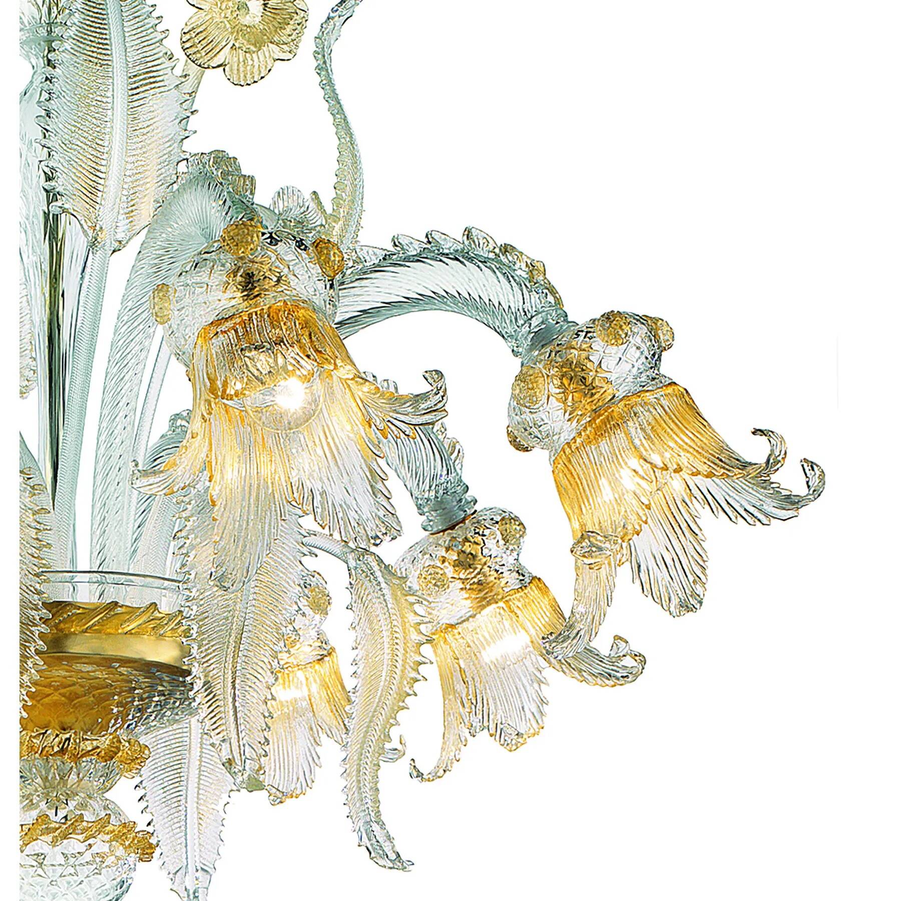 Luxury Italian Clear and Gold-Leaf Chandelier With Flowers and Leaves Muran