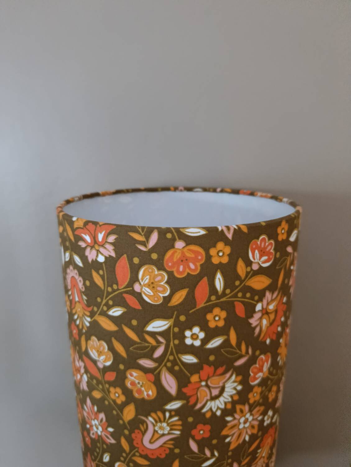 rustic wood lamp, vintage seventies lampshade with floral print