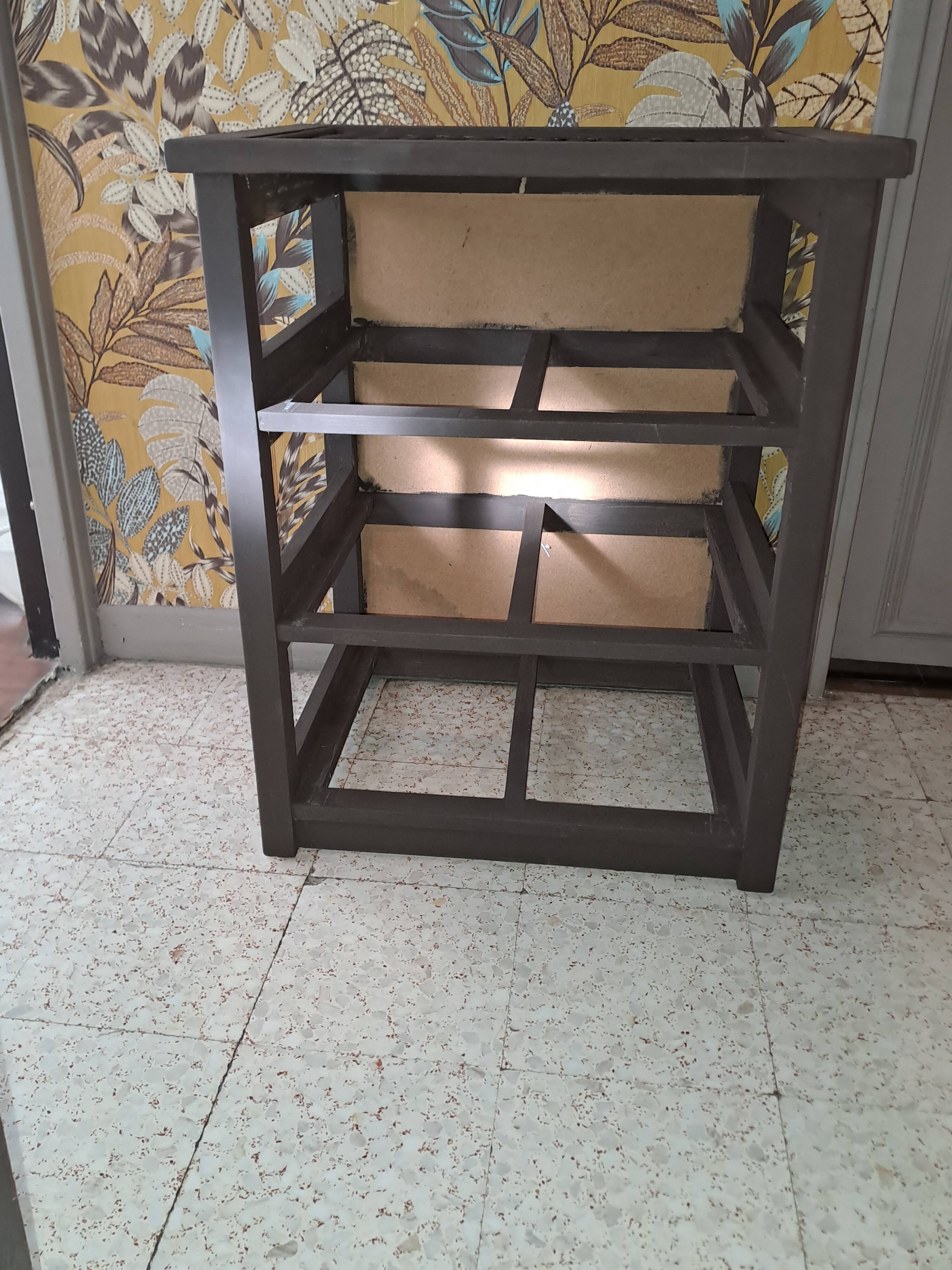 Wooden and wicker storage unit France 1980 / in dark brown repainted wood and 3 wicker drawers