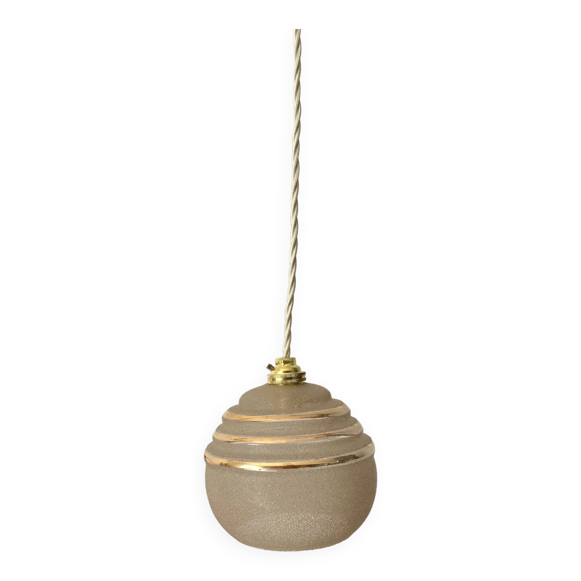 ball pendant light in white granite glass and gold edging from the 1950s