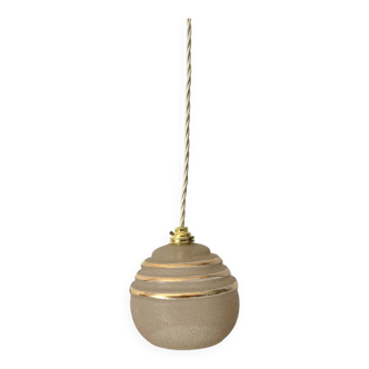 ball pendant light in white granite glass and gold edging from the 1950s