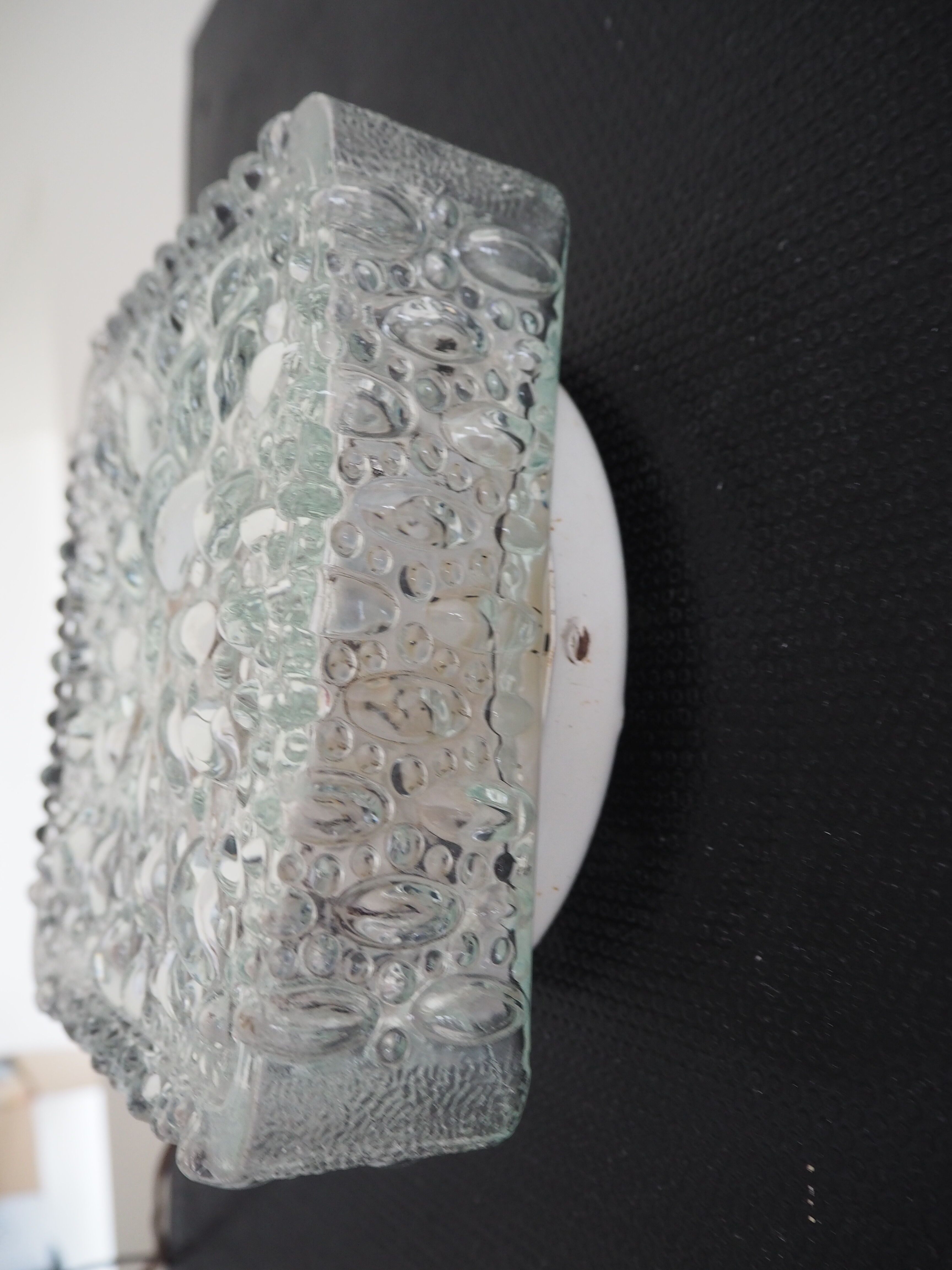 Transparent molded glass ceiling lamp – square shape – floral print.