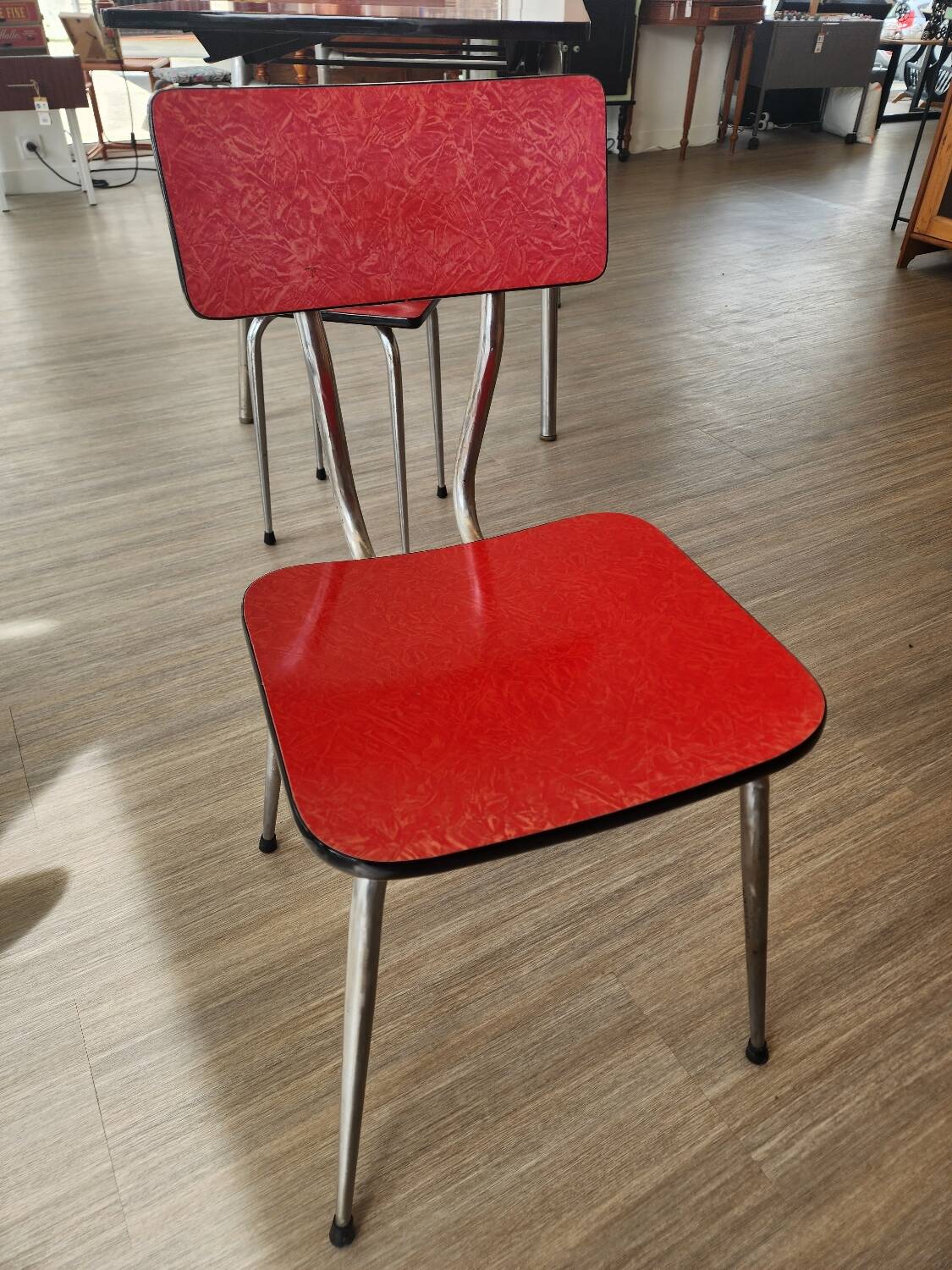 Vintage Lafague red formica set, 1 table, 6 chairs and 1 stool