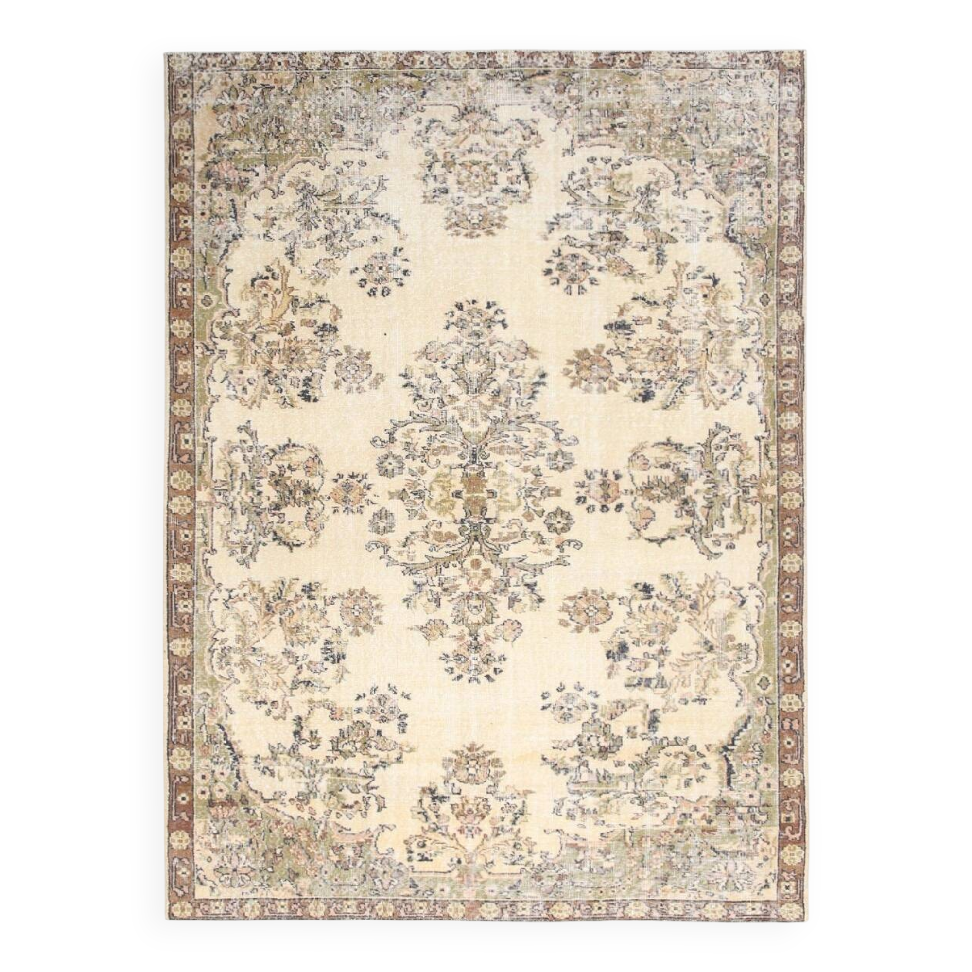 Tapis Anatolien Vintage Clair – Motifs Floraux Élégants, 202x278 Cm