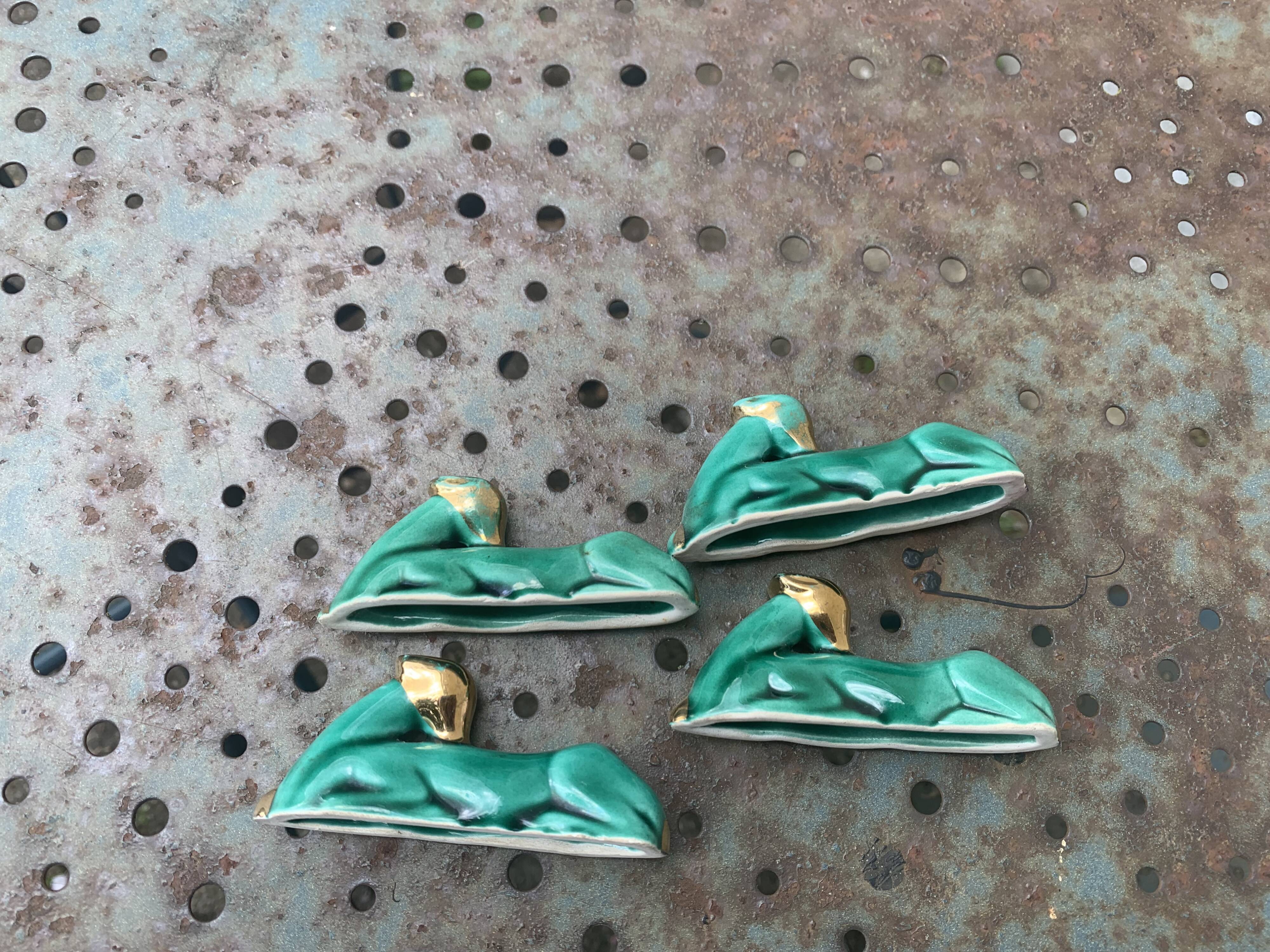 4 knife holders the deer in green and gold glazed ceramic art deco