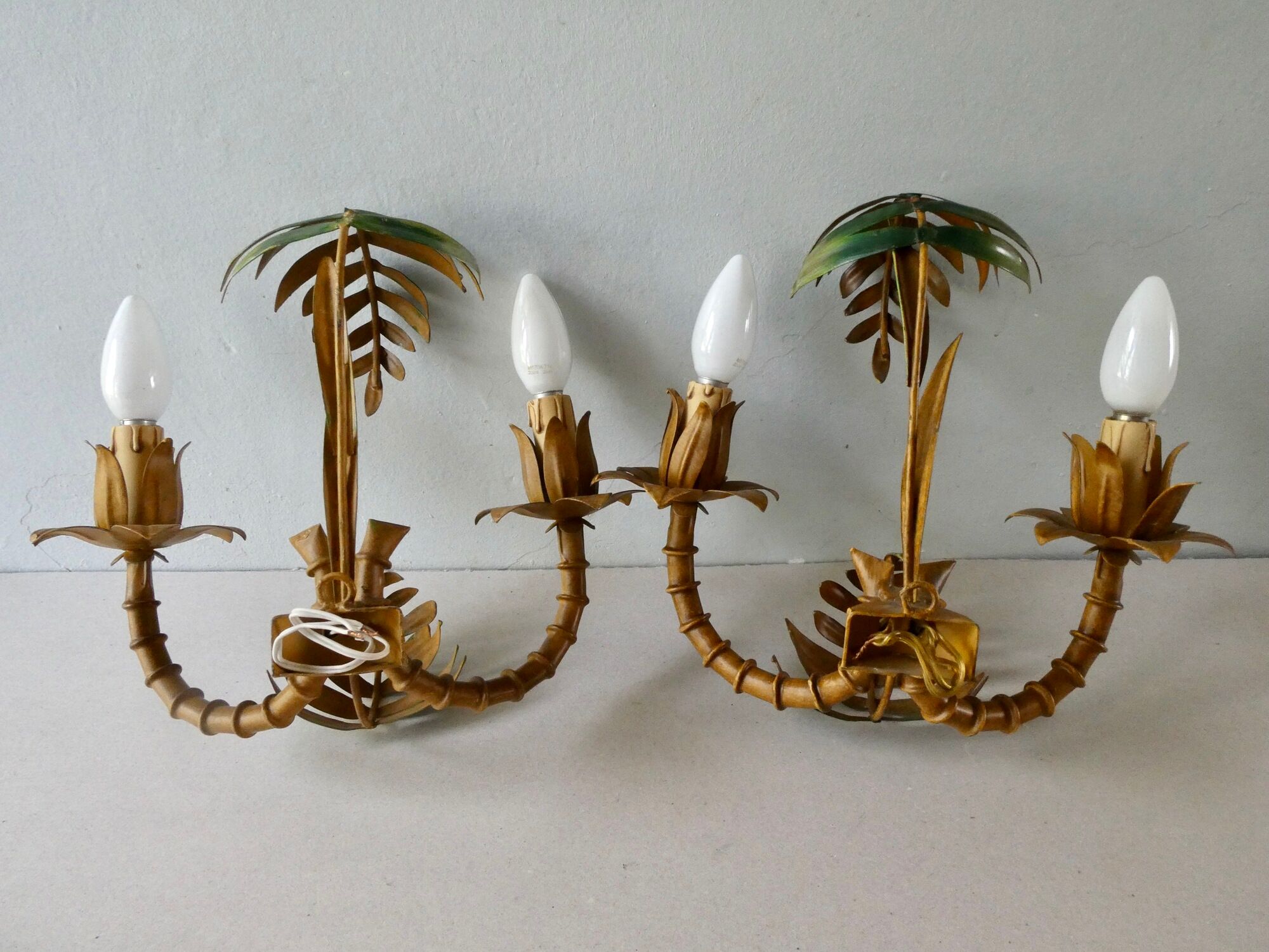 Pair of bamboo and palm sconces in metal 70s