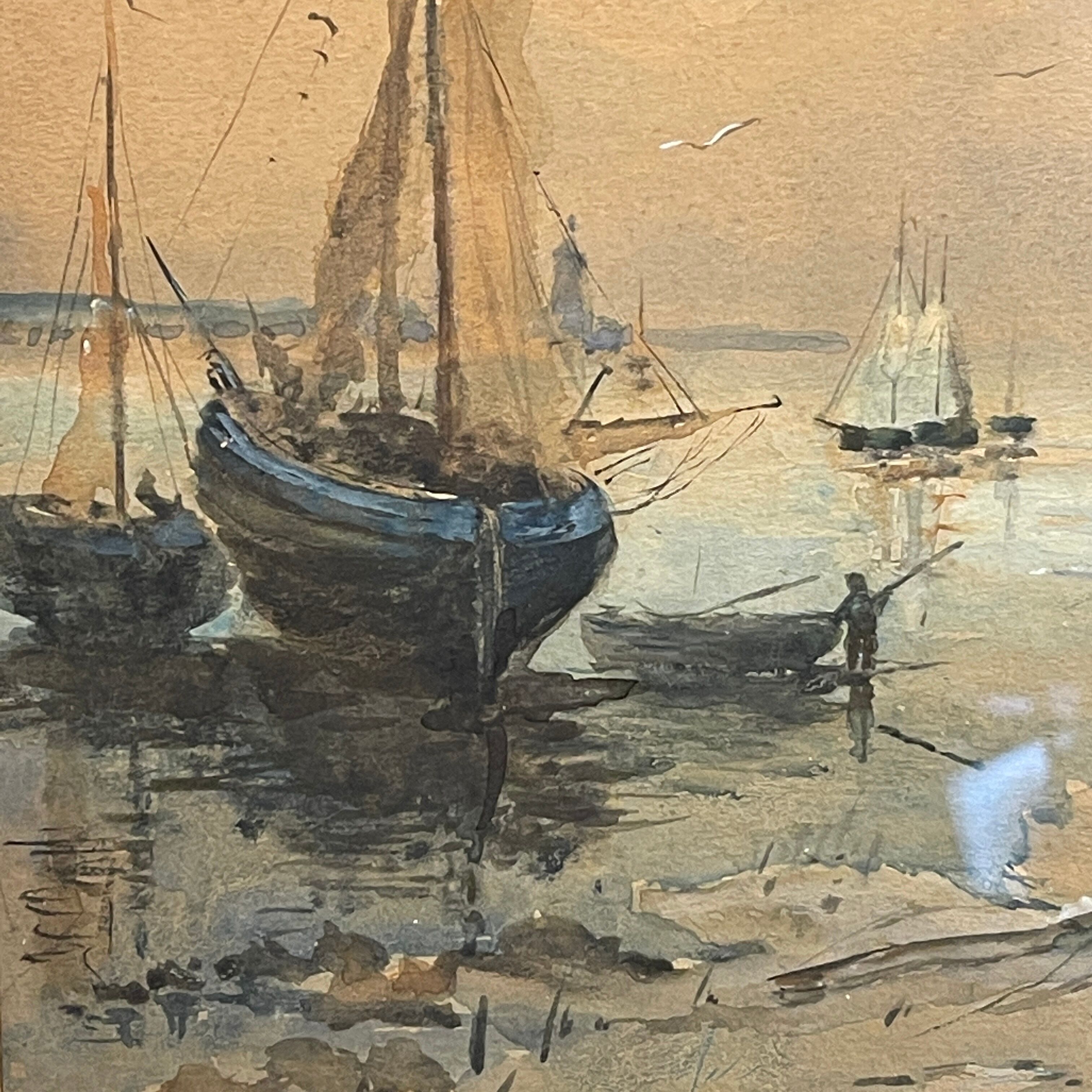 " Boats stranded at low tide " by A. Semlinck, Aquarelle Marine, Bateaux Voiliers, ca 1910