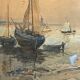 " Boats stranded at low tide " by A. Semlinck, Aquarelle Marine, Bateaux Voiliers, ca 1910