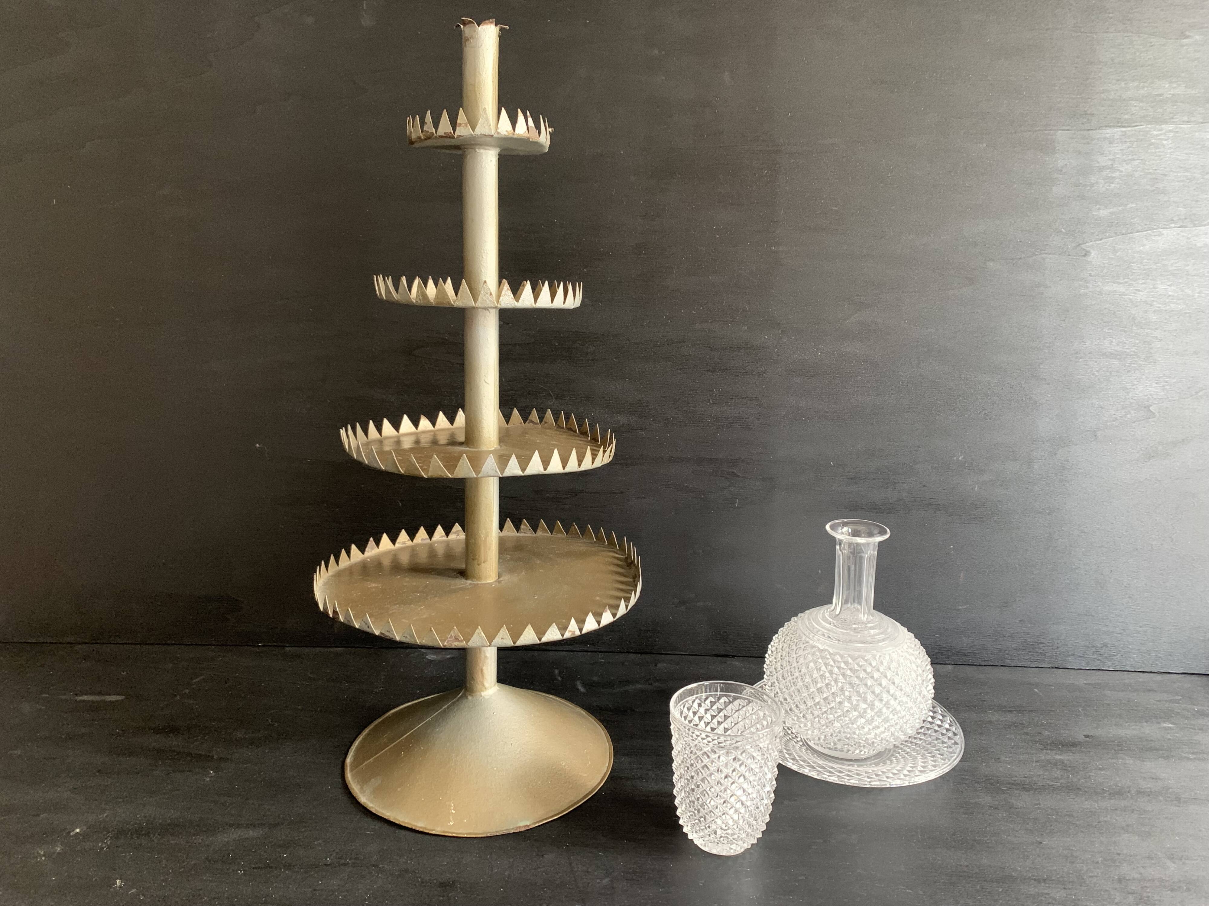 Large handmade sheet metal tiered display stand, 19th century