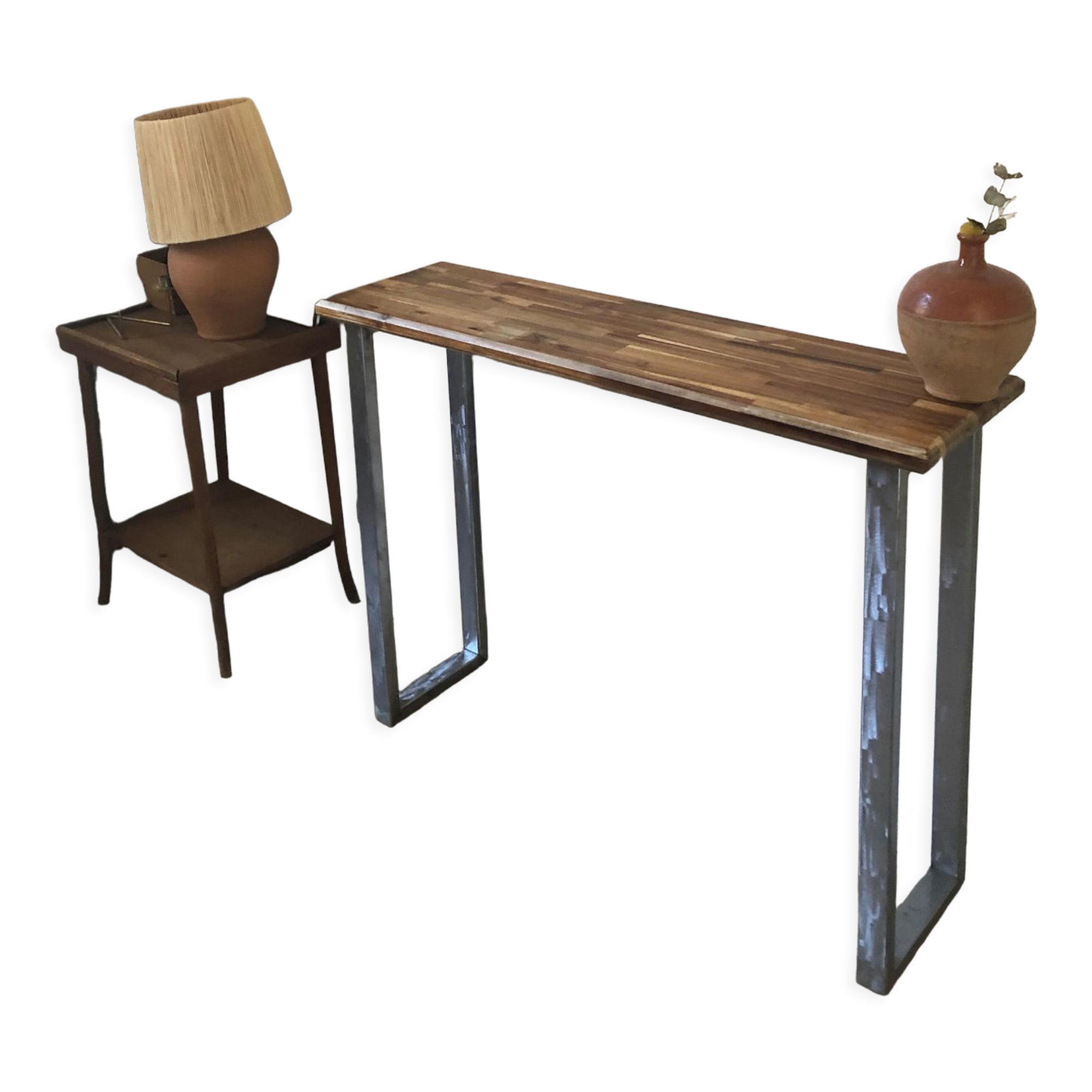 Console in solid acacia and steel legs