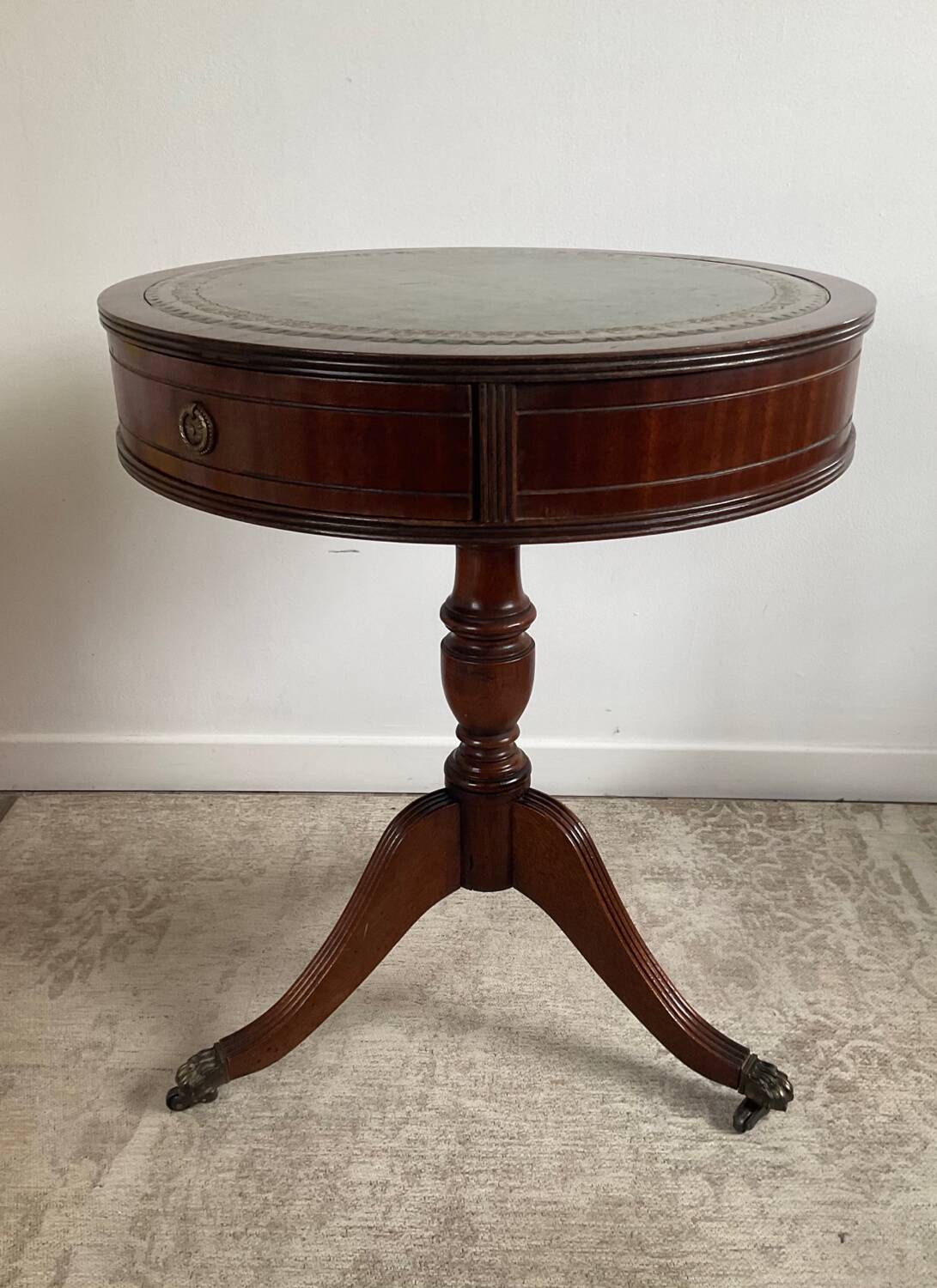 Antique Mahogany and Leather Side Table on Casters