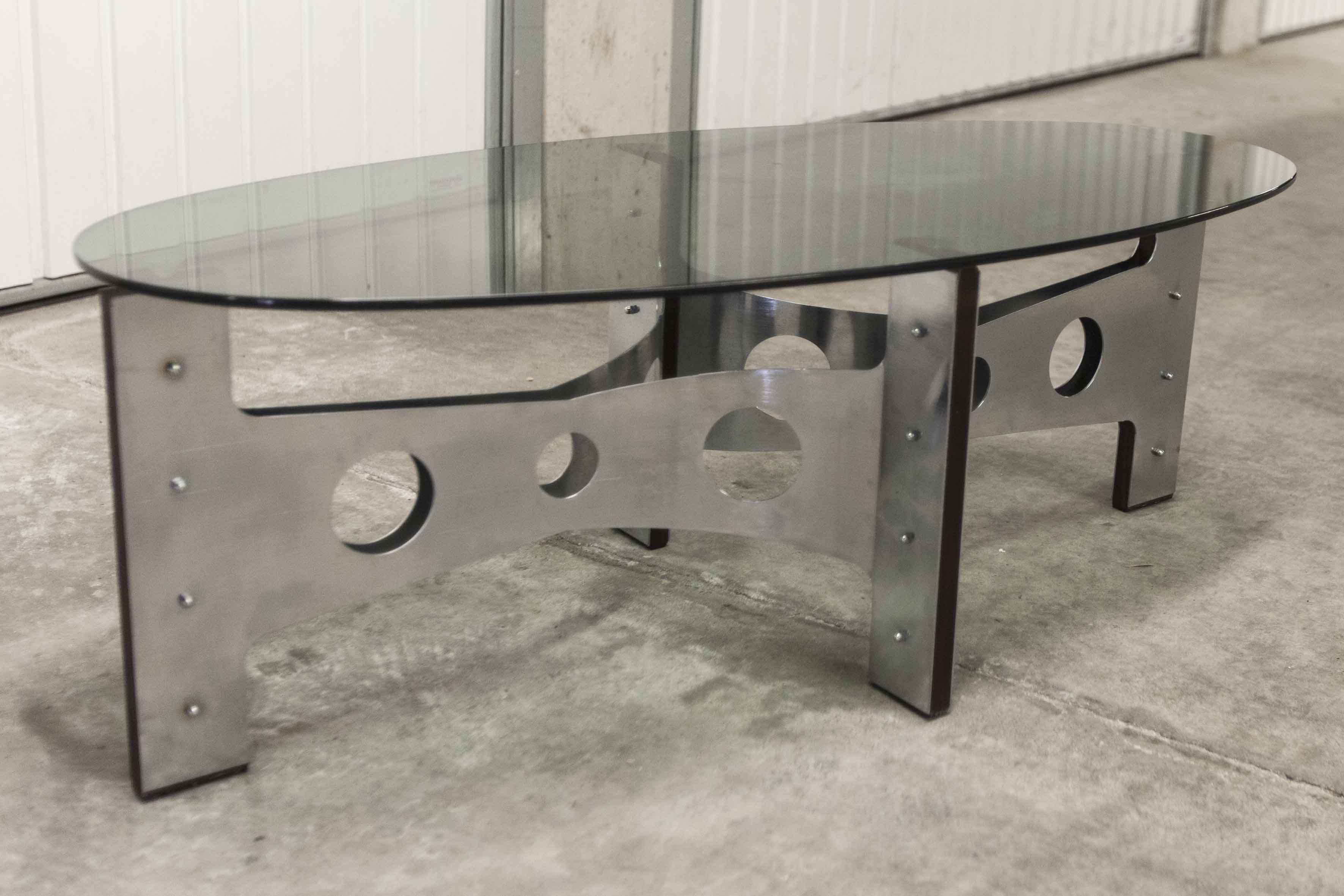Oval coffee table 1970 feet metal and wood smoked glass