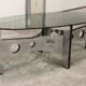Oval coffee table 1970 feet metal and wood smoked glass
