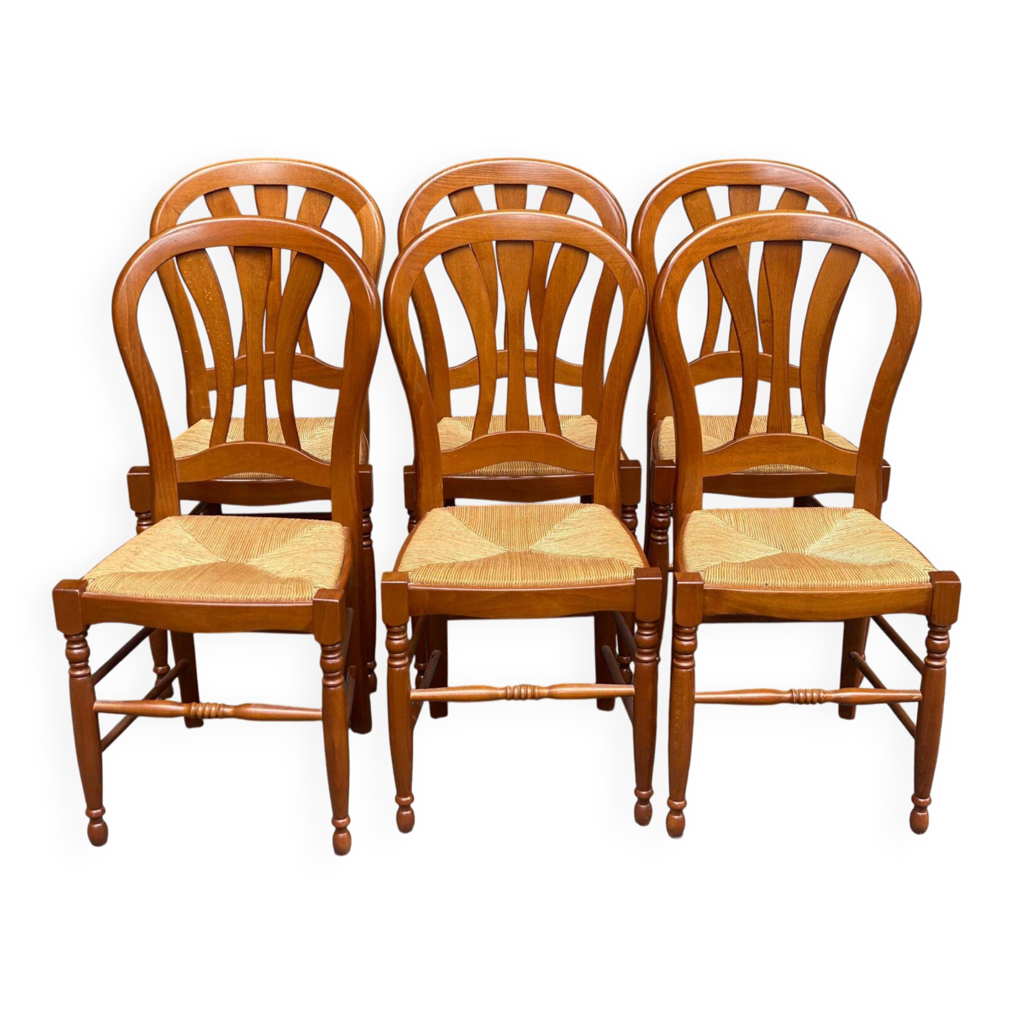 6 chaises campagnardes en merisier massif paillées des années 90