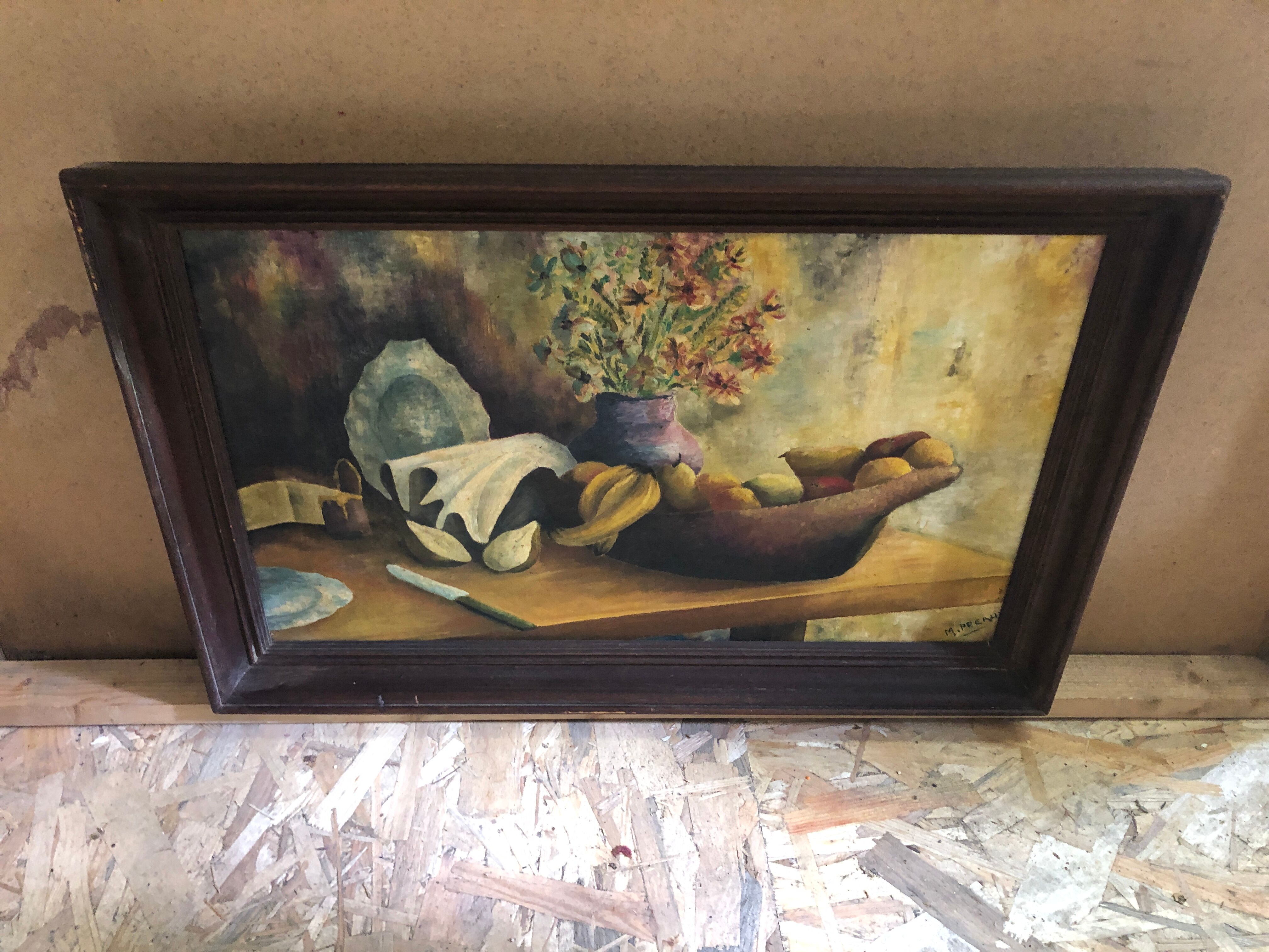 Painting old oil on canvas m. preaux still life + vintage wood frame