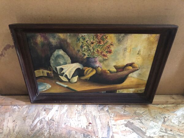 Tableau ancien huile sur toile M. Preaux nature morte + cadre bois vintage
