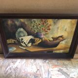 Tableau ancien huile sur toile M. Preaux nature morte + cadre bois vintage