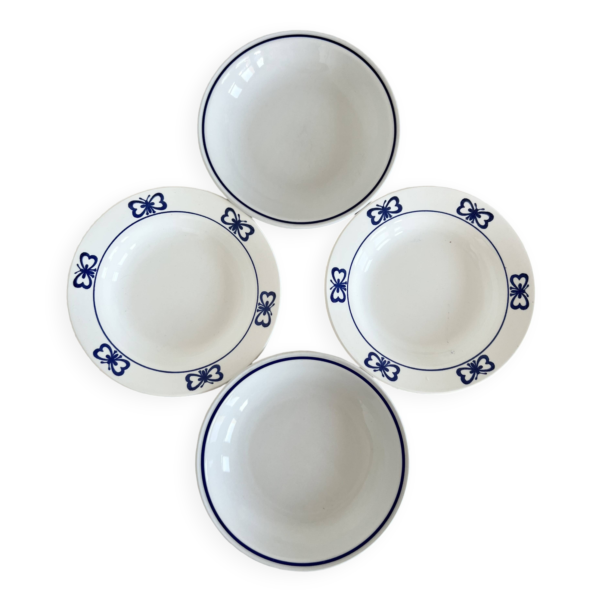 4 vintage mismatched deep plates blue white porcelain bistro butterflies