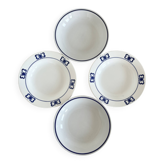4 assiettes creuses vintage dépareillées porcelaine bleue blanche bistrot papillons