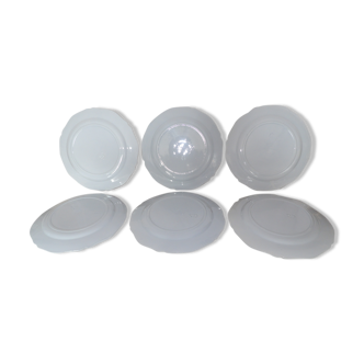 Set de 6 assiettes Montereau faience fine blanc perle restauration avant 1819 marque creux monogramme