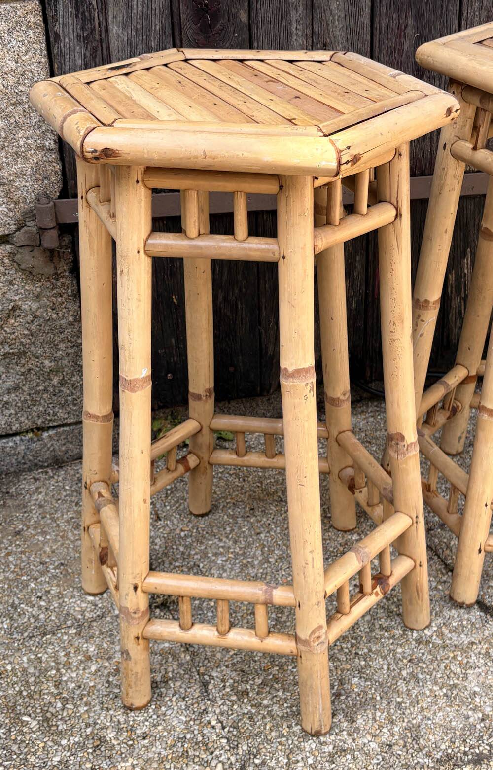 Two high bamboo stools – hexagonal top, vintage, 1970s