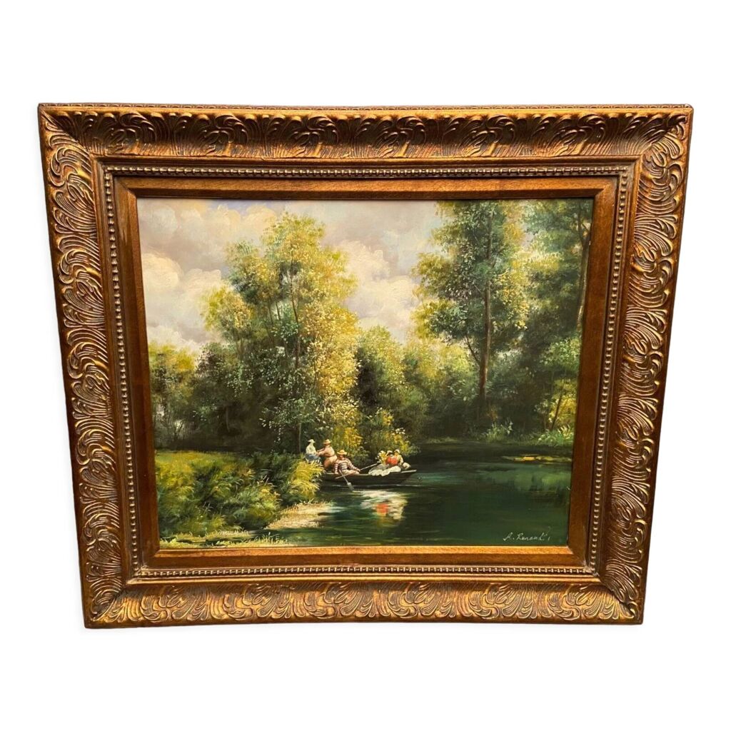 Tableau signé A. Renaud paysage lacustre animé aux personnages sur une ...