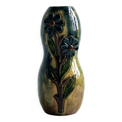 Vase vintage céramique émaillée – Motifs floraux en relief